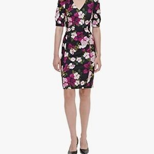 Calvin Klein Pink and Purple Sheath Dress with Puff Sleeves